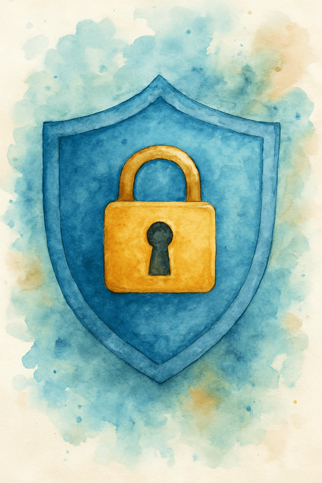 Eine Aquarellillustration eines goldenen Vorhängeschlosses auf einem blauen Schild, das Sicherheit oder Schutz symbolisiert, mit einem blau und beige gesprenkelten Hintergrund.