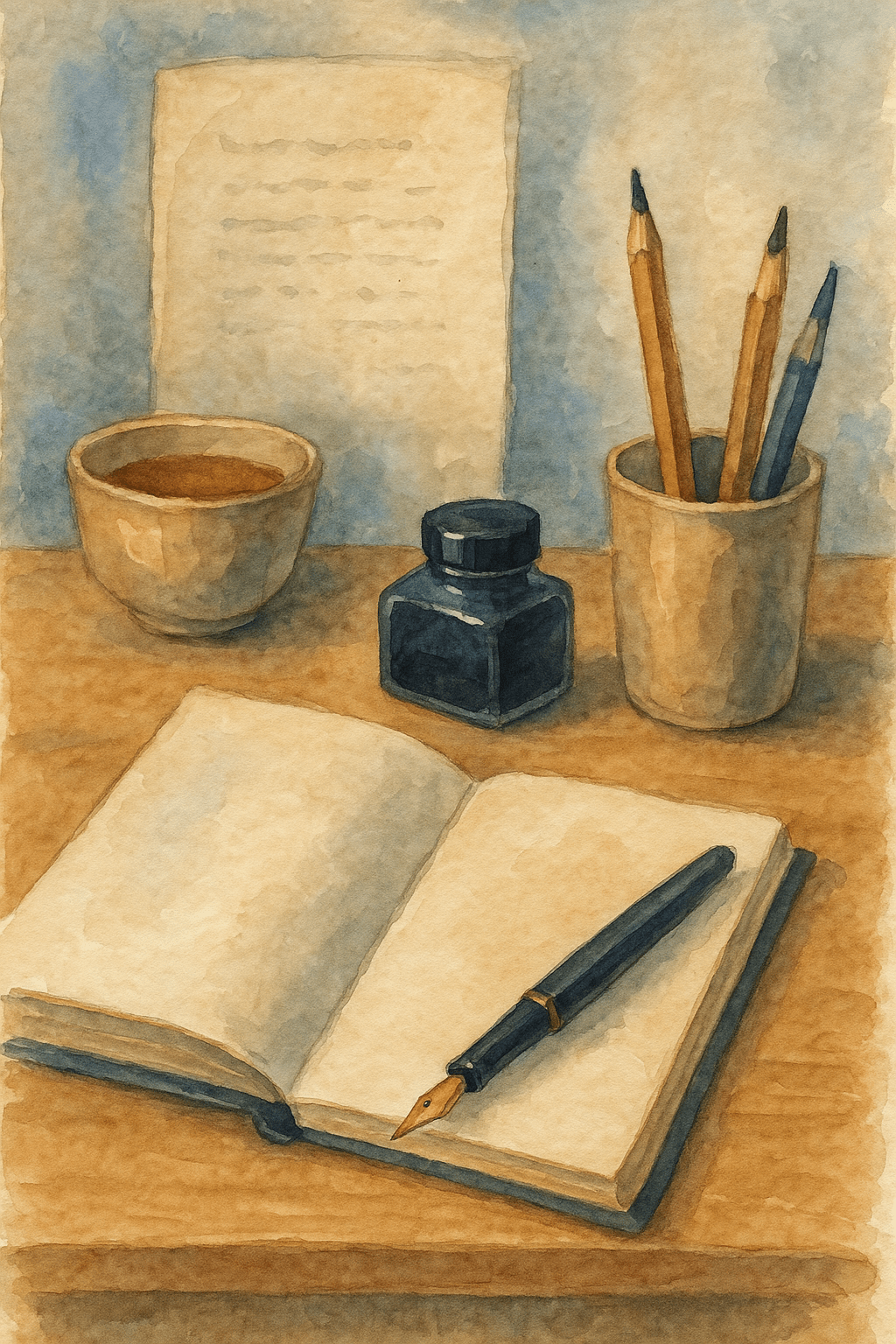Ein Aquarell zeigt ein aufgeschlagenes Notizbuch mit einem Füllfederhalter, ein Tintenfass, eine Tasse mit drei Bleistiften, eine Tasse mit einem Getränk und ein Blatt Papier auf einem hölzernen Schreibtisch vor einem hellblauen Hintergrund.